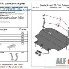 Фото товара Защита картера и КПП Skoda Octavia 2004-2013 / Yeti 2009-2018 / Superb 2008-2015 / Golf 2007-2014 AlfEco ALF2012ST для HONDA